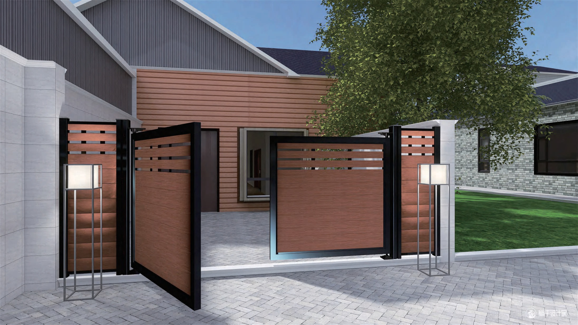 Double composite gate coordinated with a modern fence system