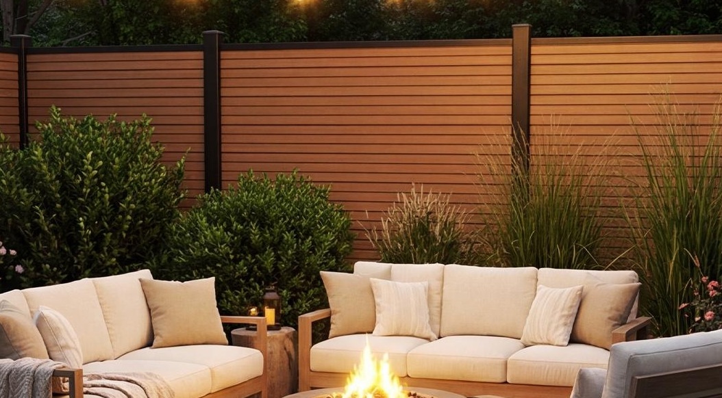 Warmly lit fence behind outdoor lounge seating