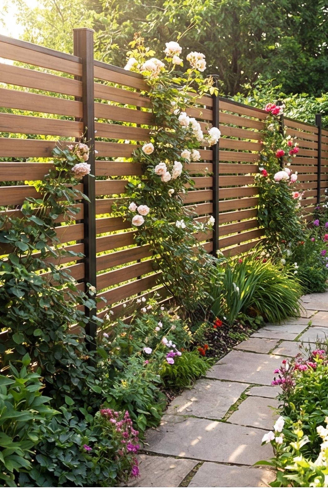 Wood-look composite fence slats beside flowering plants