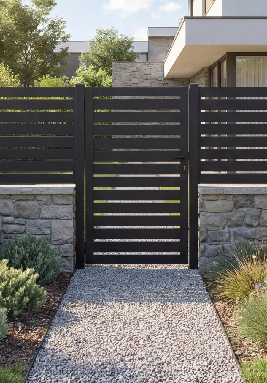 Dark slatted pedestrian gate between stone piers