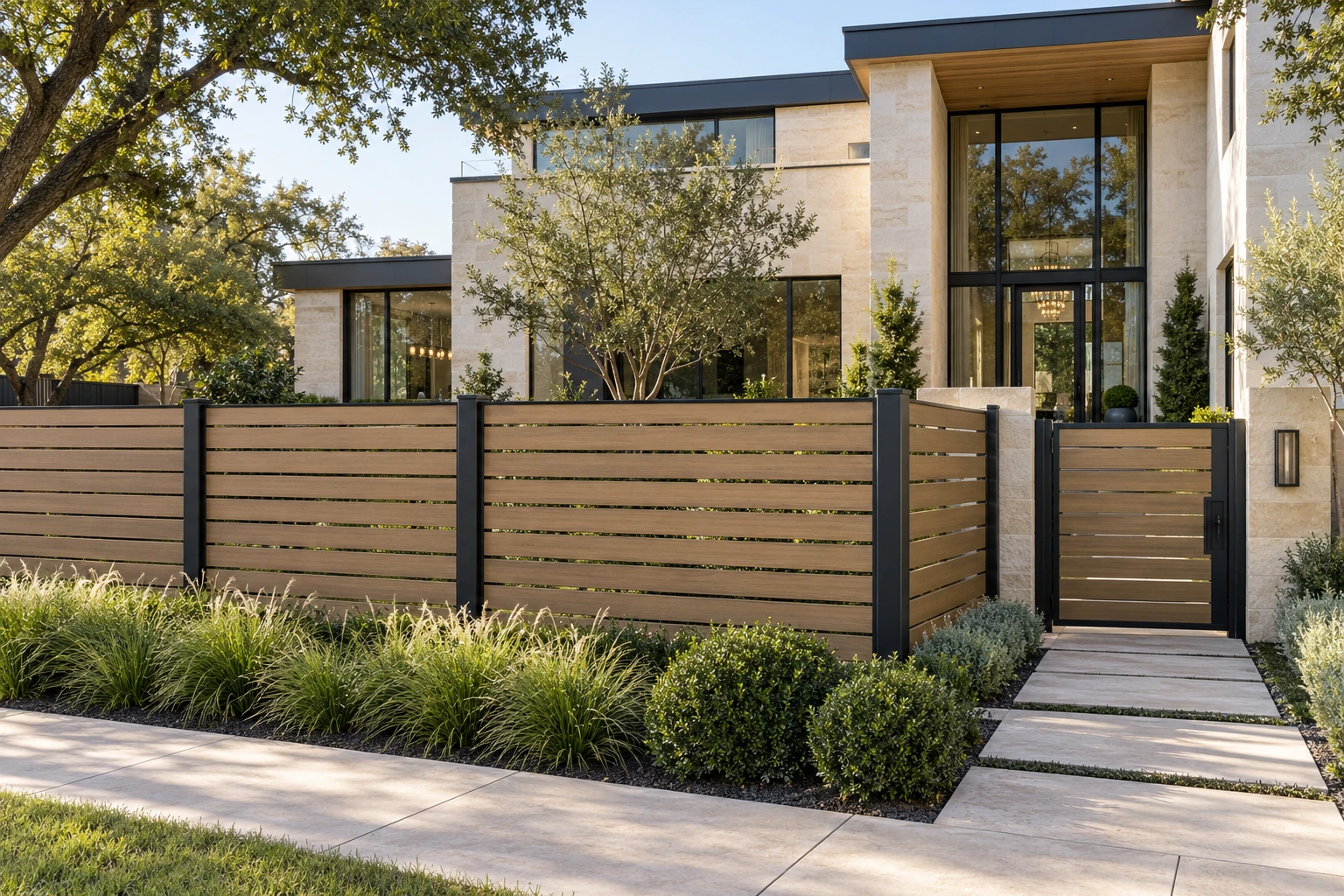 Architectural visualization of a luxury limestone home with light oak composite slats and a matching gate