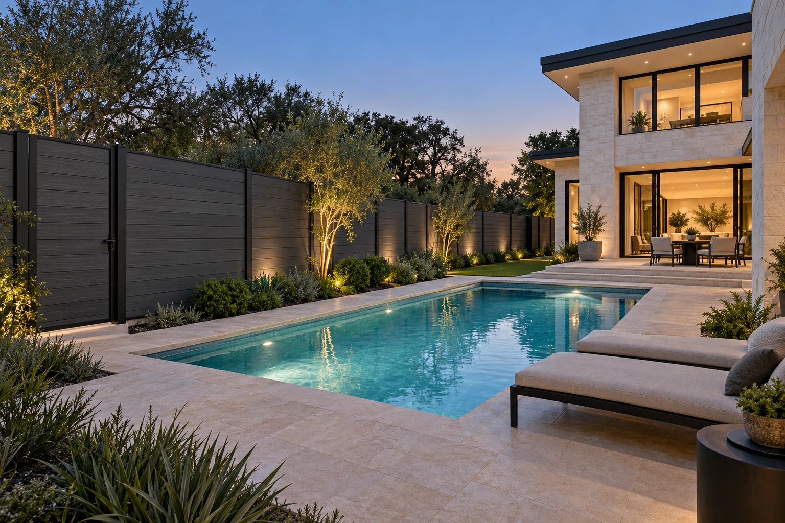 Architectural visualization of a modern pool terrace with charcoal composite privacy fencing
