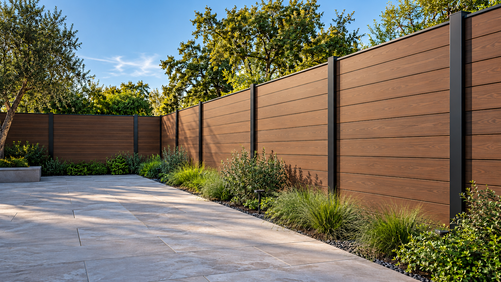 Architectural visualization of walnut composite boards and charcoal posts in a landscaped courtyard
